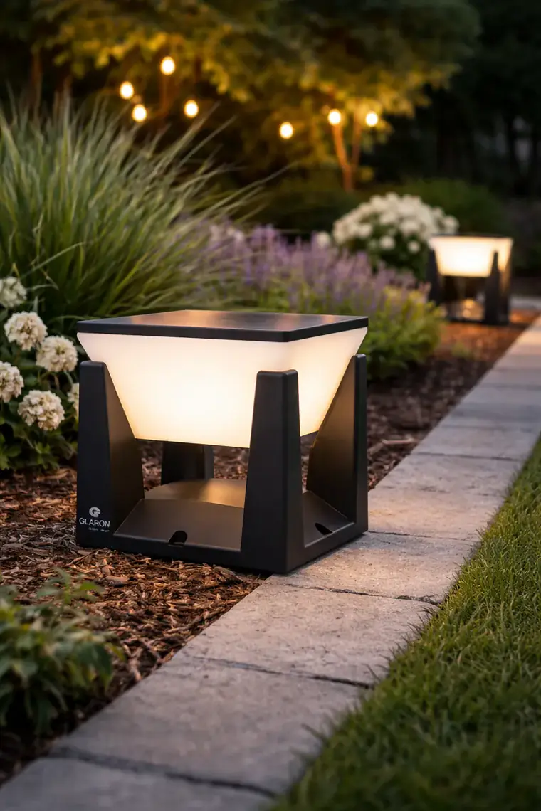 Glaron bollard lighting along a landscaped path at dusk